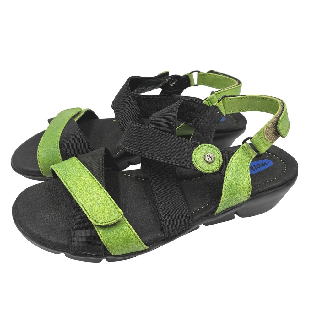 Wolky Women's Electra Sandals Size 41 Black Green Strappy Wedge Open Toe Casual